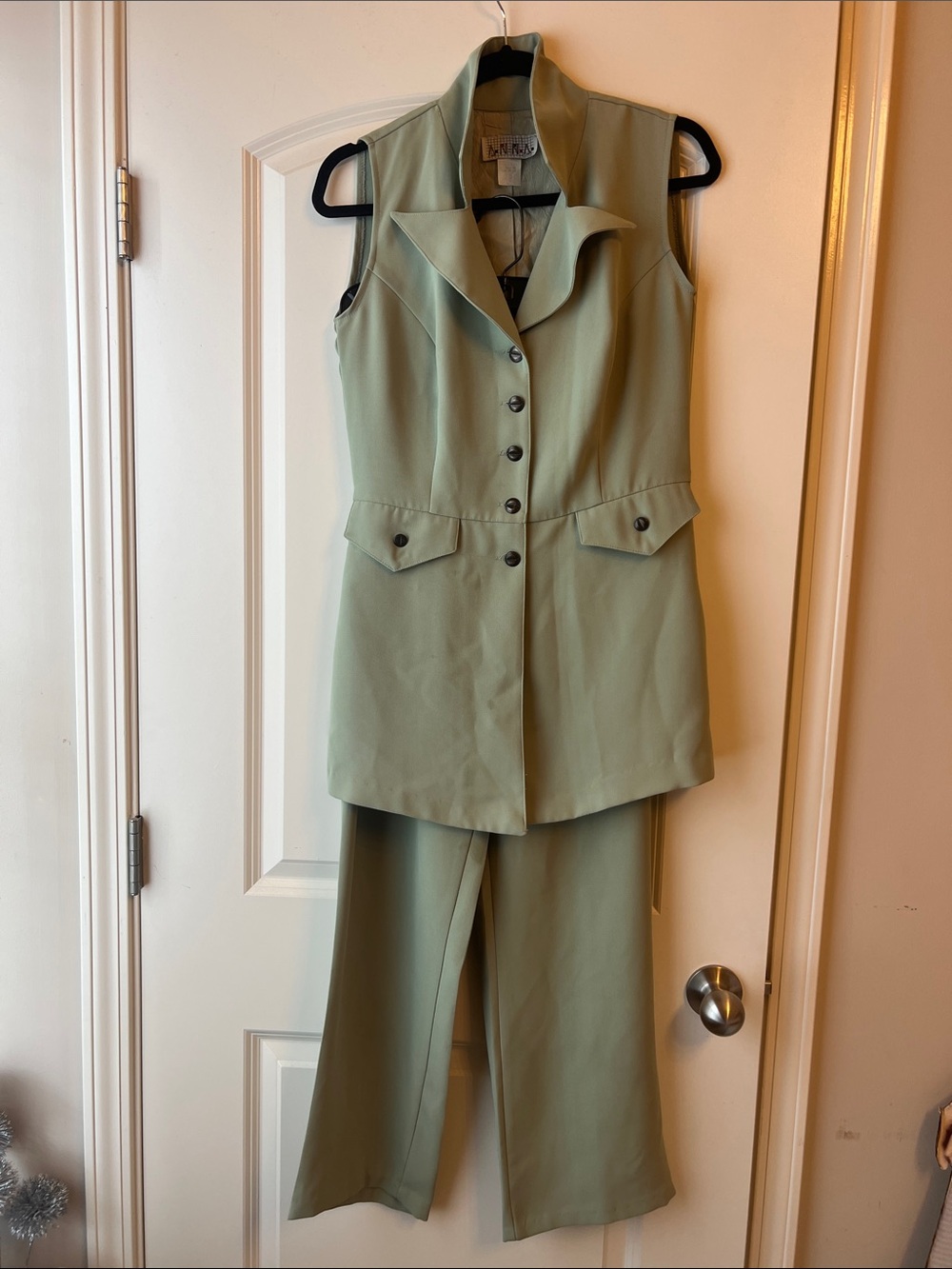 Sleeveless Button Front Vest and Pants in Sage Green Set